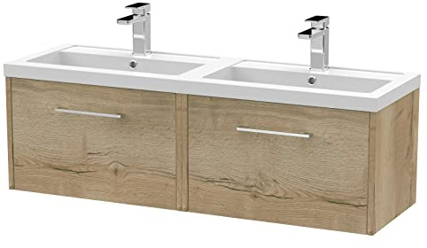 Hudson Reed JNU1822C Juno Modern Bathroom Wall Hung 2-Drawer Vanity with Polymarble Double Basin, 1200mm, Woodgrain Autumn Oak