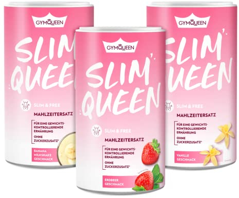 GymQueen Slim Shake 3x420g, Vanille, Erdbeer, Banana Milkshake, Diät-Shake zum einfachen Abnehmen, Mahlzeitersatz mit wichtigen Vitaminen und Nährstoffen, nur 250 kcal pro Portion