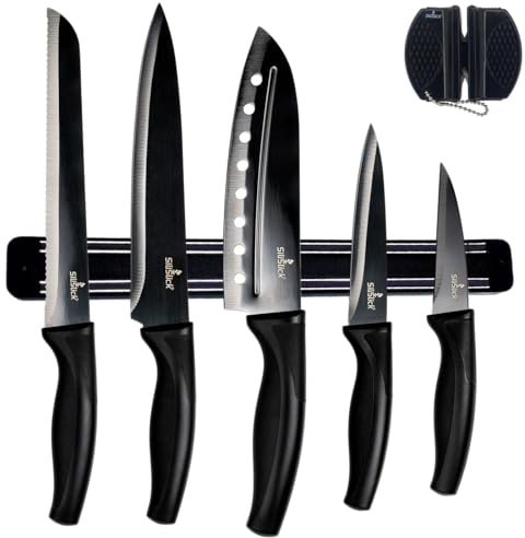 SiliSlick Buntes Edelstahl Messerset – Titanbeschichtetes Küchen Starter Set mit Allzweckmesser, Santoku, Brot, Koch- und Schälmessern mit schwarzem Spitzer und magnetischem Montagegestell