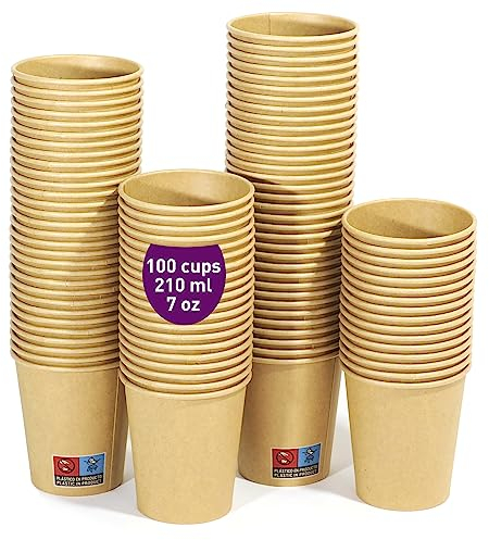 100 Einweg-Kraftpapierbecher 210 ml / 7 oz. Robust, auslaufsicher. Ideal für Kaffee, Tee und Erfrischungsgetränke. Geruchsfrei. Kraftbecher