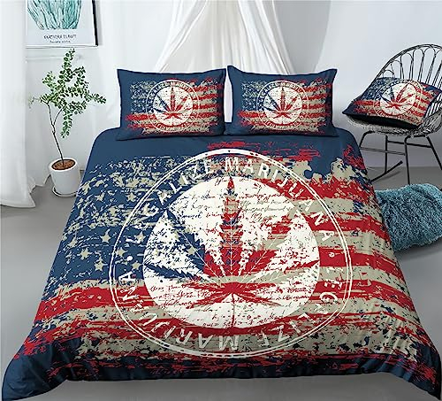 XIICOO Bettdecke Set Marihuana Bettwäsche Retro Hanf Marihuana Botanisches Hanfblatt | 1 Bettdecke + 2 Kissenbezüge(3Pcs) Oder Spannbettlaken (4Pcs) (B,KING-4PCS)