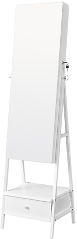 SONGMICS Schmuckschrank mit LED-Beleuchtung, abschließbare Spiegelschrank, Schmuck-Organizer mit Schubladen und Ablagen, Geschenkidee, wolkenweiß JJC025W01