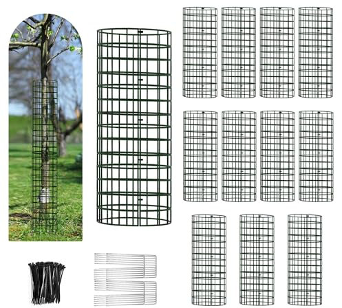 Tree Trunk Protector, 12 Pack Metal Mesh Tree Bark Protector 5'' Dia x 16-1/2'' H with Zip Ties & Stakes, Expandable tree guards trunk protector, Tree Protectors from Deer, Trimmers (12 Packs)