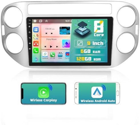 [2025 Upgrade 8-Core 6G+128G] Hikity Stereo Kit Cruscotto Android 15 per VW Tiguan 2010-2015 Radio da 9 con CarPlay e Android Auto Wireless, WiFi/GPS, BT 5.0/59UI/32DSP, FM RDS/Mic/Retrocamera