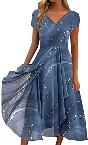 SoLu DAY8 Robe Été Mi Longue Fluide Manche Courte de Plage Grande Taille Col V Chic et Élégant pour Soirée Mariage Invitée Midi Vintage Casual Vacances (Blue, XXXL)