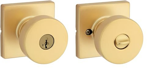 Kwikset Pismo Entry Door Knob with Lock and Key, Secure Keyed Handle Exterior Doorknob, Front Entrance and Bedroom, Satin Brass, Square, Pick Resistant SmartKey Rekey Security, Microban Protection