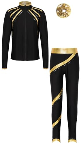 iiniim Mädchen Sport Kleidung Set Eiskunstlauf Anzug Glitzer Sweatjacke + Sport Hose Leggings + Haarband Trainingsanzug Gymnastik Yoga Tanzkleidung Gold 146-152