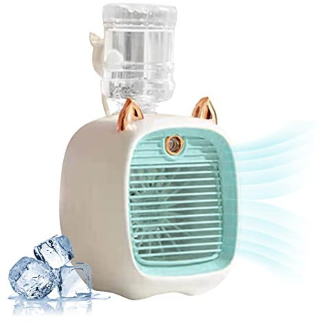 Aire acondicionado portátil, lindo ventilador de aire acondicionado mini con tanque de agua de 270 ml, ventilador de enfriamiento de aire de 2 en 1 aire y humidificador, ventilador de enfriamiento pe