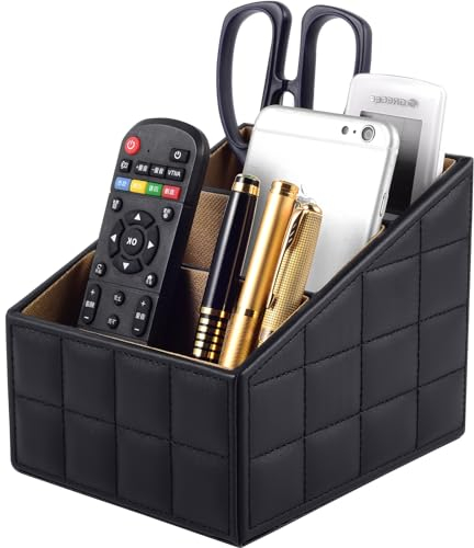 XNONE Leder Fernbedienung Organizer mit 3 Fächer,Multifunktion Nachttisch Schreibtisch Organizer,Schreibtisch-Organizer Stiftehalter für Stifte,Brille,Handys,Make-Up (schwarze Linie, 3 Fächer)