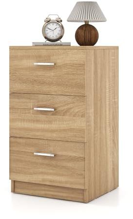 KOMFOTTEU Mesita de Noche con 3 Cajones, Mesilla Auxiliar de Madera, Mesa para Teléfono, Mueble de Almacenamiento, Cómoda para Dormitorio, Salón, Oficina, 38 x 35 x 66 cm (Natural)