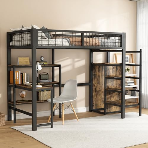 Metall Hochbett mit Schreibtisch und Treppe, 90 x 200 cm, mit Kleiderschrank und Bücherregal, Doppelbett, Jugendbett, mit Fallschutznetz und Stauraum, geeignet für Kinder und Erwachsene, Schwarz