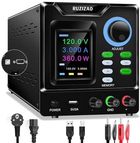 RUZIZAO Fuente de Alimentación Regulable Programable 120V 3A, Fuente Alimentación Laboratorio con Software PC, Perilla Codificadora, Almacenamiento de Memoria, Interruptor de Salida y Botón de Bloqueo