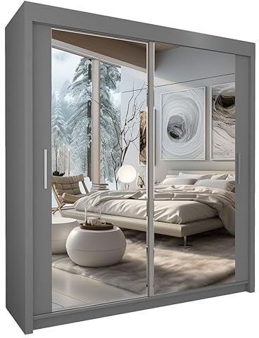 Style Heaven Modern Sliding Door Wardrobe for Bedroom,Matt Finish,2 Mirrored Sliding Doors wardrobes 10 Adjustable Shelves &4 Hanging Rail,made of MDF Chipboard, aluminium Handles Chicago(203cm Grey)