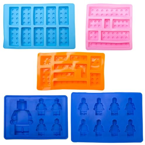 Minifigure Multi Building Blocks Ice Cube Trays & Candy Chocolate Molds for Popsicles Jello Melted Chocolate & Crayons Set of 5 Fun Birthday Party Favors for Building Brick Lovers (Blue, Pink, Orange)