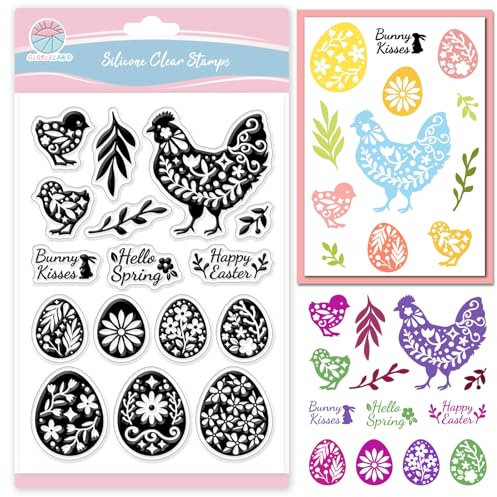 GLOBLELAND Frühling Transparente Stempel Mit Osterhuhn Motiv Zum Gestalten von Karten Ostereier Transparente Silikonstempel Grüße „Frohe Ostern“ Transparente Stempel Siegel Für DIY Scrapbooking