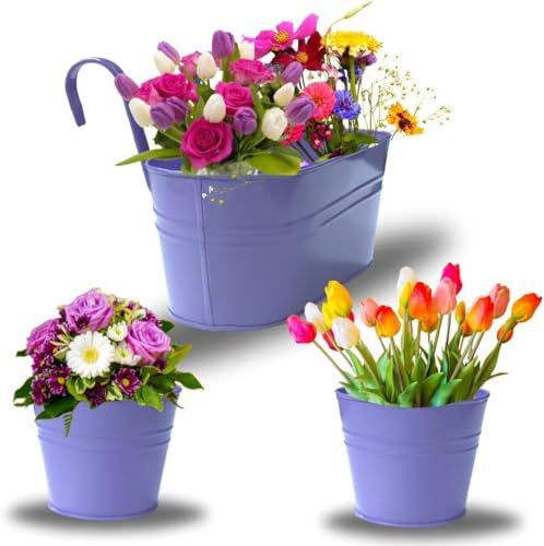 EZ Pack - Elegant SOLID 3pc Hanging Plant Pot, Metal Balcony Planter with Detachable Hooks, Hanging Flower Pots for Railing Fence Balcony Garden Indoor/Outdoor Home Decor Weatherproof - Purple