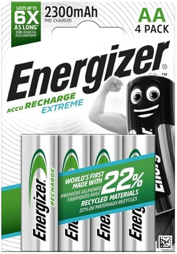 Energizer Ricaricabili, Confezione da 4 batterie AA 2300 mAh, pre-caricate, per dispositivi a uso frequente e centinaia di ricariche, senza solfatazione