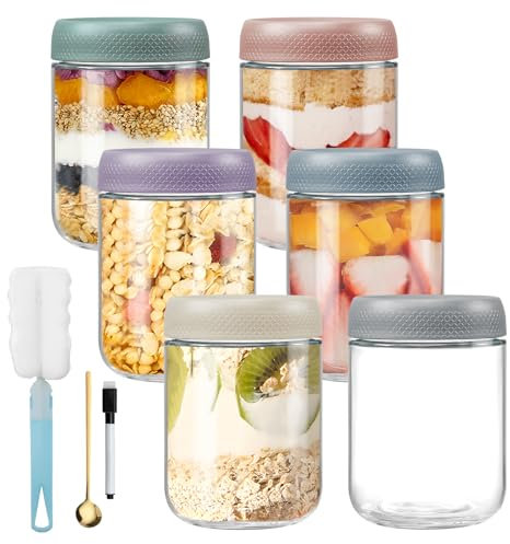 Feelhap Lot de 6 d'avoine de Nuit de 500ml, Bocaux en Verre Hermétique Pot Yaourt en Verre avec Couvercle, Mason Jar pour Avoine Nocturnes, Bocaux de Conservation en Verre pour Yaourt,Pudding,Porridge