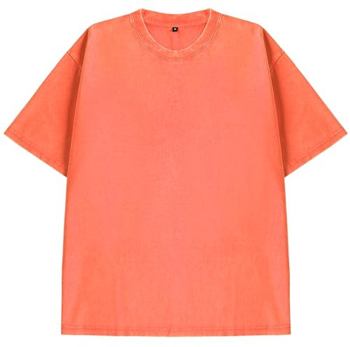 Eadali Men’s Oversized T-Shirts – Washed Cotton Loose Fit Tees, Drop Shoulder Crew Neck, Vintage Baggy Style Streetwear Tops, Orange, Medium