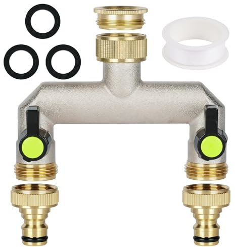 flintronic 2 Vías Adaptador para Grifo Doble, 3/4 Brass Tap Manifold Hose Splitter, Adaptador Manguera Grifo Derivacion 2 Vias, con 2 Salidas de 3/4 de Pulgada, 1 Cinta de Sellado de Rodillos