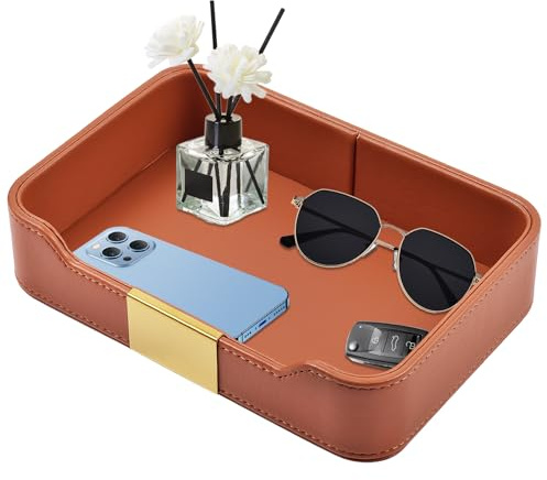 XNONE Luxury Leather Desktop Storage,Premium PU Leather Valet Tray Organizer,Entryway Table Decorative Tray,Nightstand Caddy Holder for Remote Controller,Keys,Phone,Wallet,Watch,Jewelry (Orange)