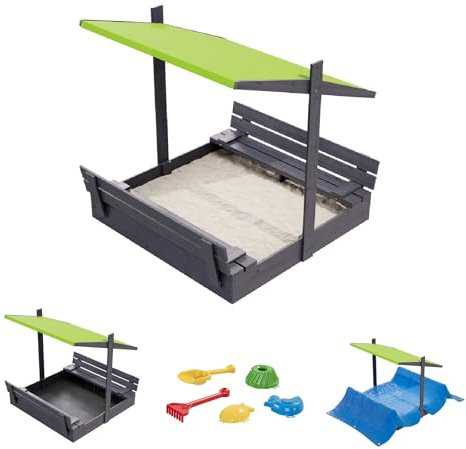 QLS Sandkasten aus Holz 120x120 cm mit Sitzbank Dach und Abdeckung imprägniert für Garten (Grün, 120 cm)