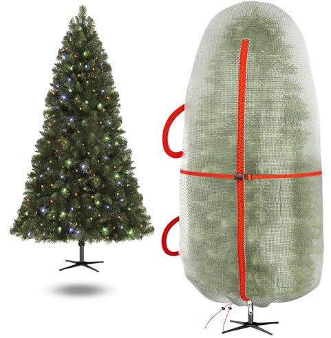 Christbaum-Aufbewahrungstasche, Aufrechte Robuste Abdeckhülle für 1,80-2,00 m künstlichen Weihnachtsbaum, Reißfeste wasserdichte staubdichte PE-Tasche mit verstärkten Tragegriffen(Weiß & Rot)