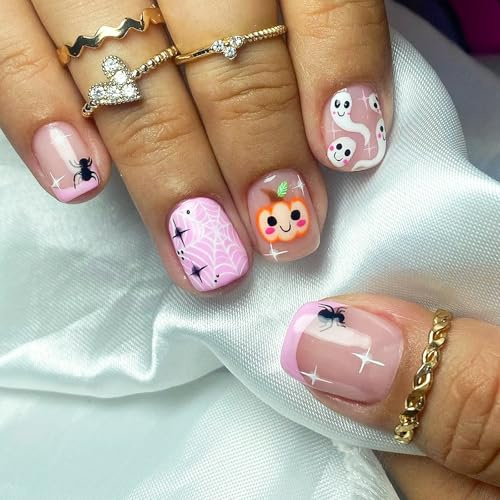Halloween Press on Nails Short - 24PCS Halloween False Nails with Glue - Fake Nails with Spider Web Ghost Pumpkin Element - 12 Sizes French Tip False Nails - Cute Full Cover Acrylic Nails for Women