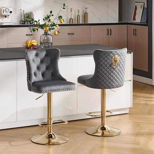 Orirsnug Samt Barhocker 2er Set Höhenverstellbar Küchenhocker Gold Grau | Barhocker mit Löwen-Türklopfer, Gepolsterter Tresenhocker Moderner für Küche, Theke