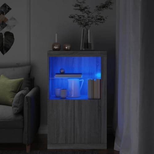 EMYRLXQW Schränke und Aufbewahrung, Aufbewahrungsschränke und Schließfächer, Seitenschrank mit LED-Lichtern, graues Sonoma-Holzwerkstoff