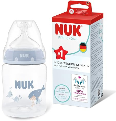 NUK First Choice Baby Bottle | 0+ Months | 150ml | Anti Colic Feeding Bottle | PP | Temperature Control Indicator | Whale | 1 Count
