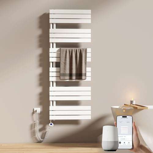 EMKE WiFi Badheizkörper Elektrisch 1599x600 mm - Flach Handtuchheizkörper Elektrisch, Elektrischer Handtuchwärmer Handtuchtrockner Handtuch Heizkörper Bad mit Thermostat und Heizstab - 1000W, Weiß