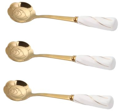 STOBAZA 3 Pcs Stainless Steel Coffee Spoons with Rose Petal Shaped Heads and Ceramic Handles Corrosion-Resistant Mixing Spoons for Cocktail Dessert Iced Tea and Espresso White Gold