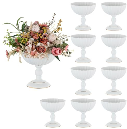 Sziqiqi Metall Weiß Urn Vasen Hochzeit: Vase Hoch für Tischdeko 10Stk | Dick, ⌀20cm/ H20cm/ T8cm, Hohe Sockel, Weite Öffnung für Kunstblume, Vintage, Hochzeitdeko, Taufe, Esstisch, Party, Landhaus