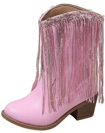 Generisch Stivali con glitter per bambini, con paillette, frange, con tacco piccolo e spesso, stile classico, in tinta unita, con punta alla moda, Colore: rosa., 31 EU