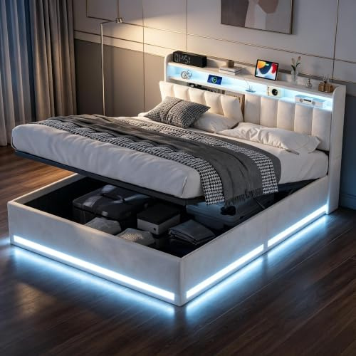 Polsterbett Doppelbett 140x200 cm mit LED und USB, Stauraumbett 140x200 mit Bettkasten und Lattenrost, Jugendbett 140x200 mit Kopfteil Doppelbett 140x200cm mit Stauraum (Beige