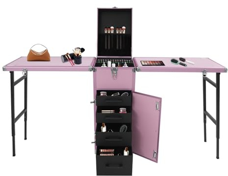 Rolling Nail Station, Portable Nail Table Desk with 2 Foldable Tabletops & 4 Drawers Storage, Traveling Nail Desk, Aluminum Makeup Trolley on Wheels, Double-Table Design, for Salon Travel Use (Pink)