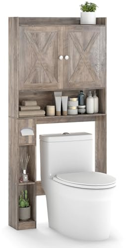 GOPLUS Meuble Toilette avec Armoire à 2 Porte et Étagère Réglable, Meuble Salle de Bain avec Boîte à Mouchoirs et Compartiment Ouvert, Meuble Rangement pour Salle de Bain, Buanderie, Gris