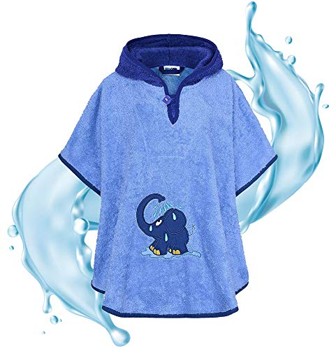 Smithy Badeponcho für Kinder & Babys aus kuscheliger Frottee Baumwolle - Liebevoller Badetuch Poncho mit Kapuze für Mädchen & Jungen - Kinderponcho Kapuzenhandtuch blauer Elefant