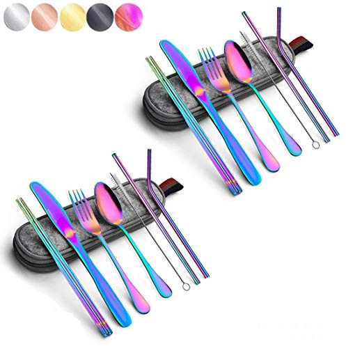 Ensemble de couverts de voyage arc-en-ciel avec étui en acier inoxydable, comprend couteau, fourchette, cuillère, paille (portable RB)