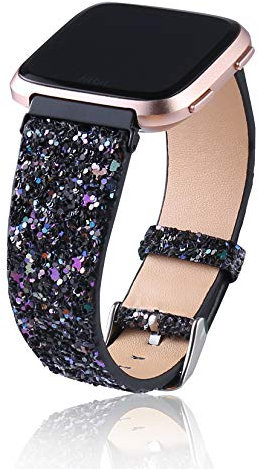 UniqeStyle Kompatible Fitbit Versa/Fitbit Blaze Bänder, modisch, schlankes Glitzer-Lederband, Ersatzband für Fitbit Versa Lite/Versa SE/Fitbit Blaze Smartwatch (schwarz)