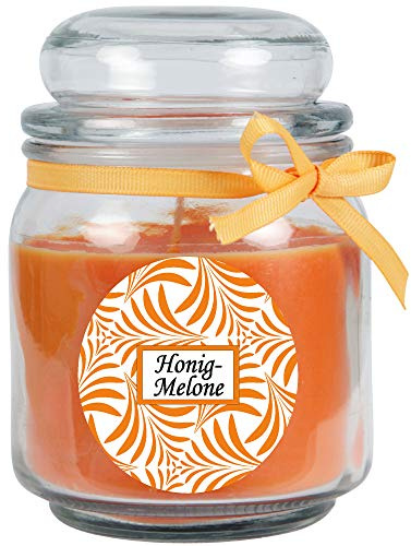 HS Candle Duftkerze mit Schriftzug Honigmelone im Bonbon Glas, 300g Wachs - Brenndauer ca.: 70 Stunden, Kerze im Glas in Geschenkverpackung