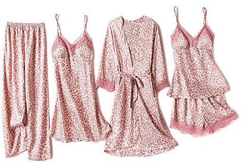 Lachi Pyjama en soie et satin pour vêtements de nuit 5 pièces - Rose/Léopard - 2XL