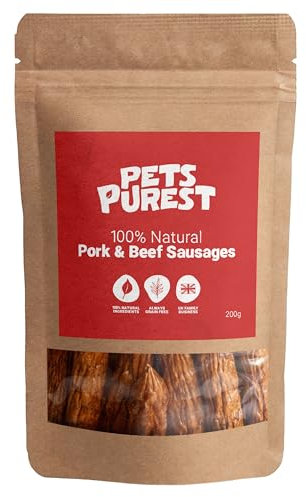 Pets Purest Natural Dog Treat Chews - 100% Healthy Air-Dried Pork & Beef Sausage Meat Treats for Dogs, Puppy & Senior. Grain & Gluten Free Low Fat Raw Protein Dog Food Snack (200g)