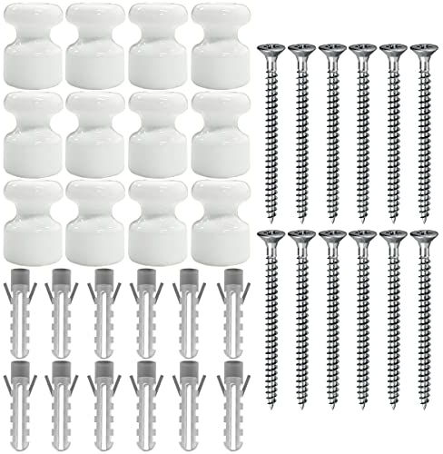OASHISU 12 Stück Vintage Isolatoren aus Porzellan für Textilkabel Porzellanisolatoren Aufputz Kabelhalter Kabelführung Wandpins Wand und Deckenpins weiß Ø18mm Keramik-Isolatoren, Isolatoren Keramik