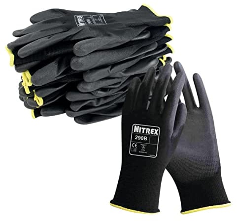 NITREX 290B Work and Safety Gloves, 10 Pairs of Black General Handling Gloves with PU Palm Coating, Size 10, Extra Large