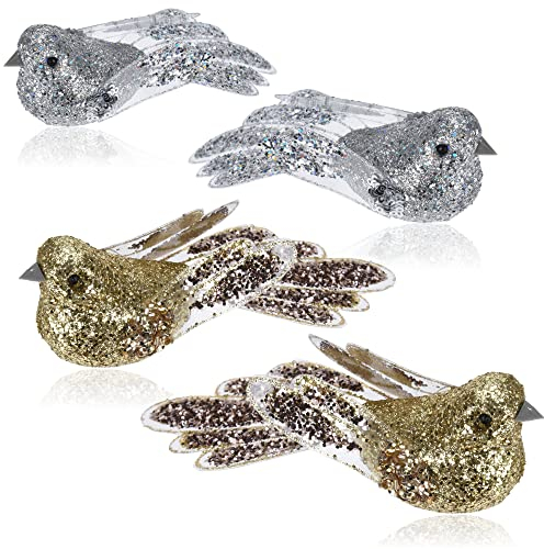 com-four® 4X Weihnachtsbaumschmuck Deko Vogel - Vögelchen mit Pailletten für Weihnachtsbaum-Deko - Kunststoff Vögel mit Clip für Weihnachten