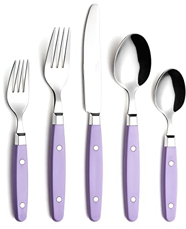 ANNOVA Ensemble de couverts/couverts en acier inoxydable avec poignées de couleur et rivets/style rétro. (Light Purple, 20 Pieces)