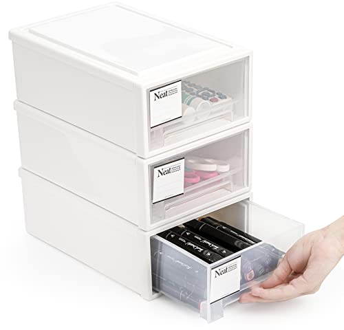 ZENFUN 3 Pack Stackable Storage Bins, Small Storage Drawers Chest Unit, Stackable Office & Desk Storage Box for Stationery, Cosmetics, Small Accessories, Space-Saving