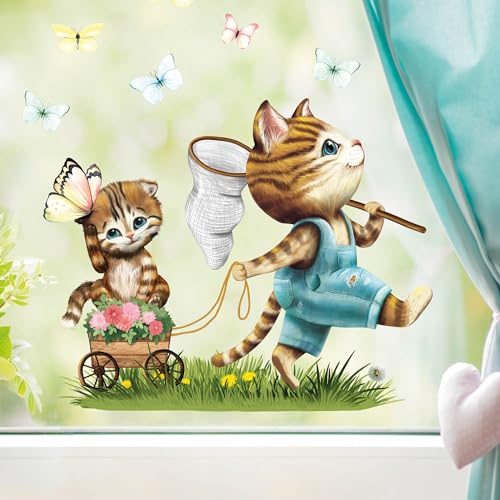 Wandtattoo Loft Fensterbilder Frühling Katze und Schmetterlingen Motiv – A4 Bogen, Wiederverwendbar – Frühlingsdeko Fenster, Frühlingsbild Fenster, Fensterdeko Frühling, Fensterfolie Frühling